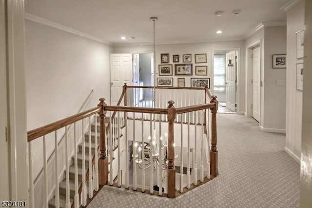 hall featuring a notable chandelier, ornamental molding, and light carpet