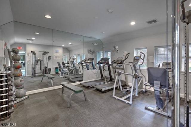 exercise room featuring vaulted ceiling