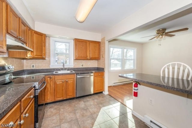 kitchen featuring ceiling fan, sink, stainless steel appliances, and a baseboard heating unit