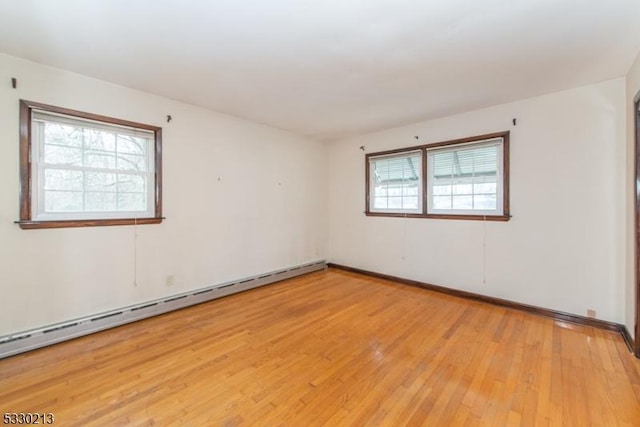 spare room with light hardwood / wood-style flooring and a baseboard radiator