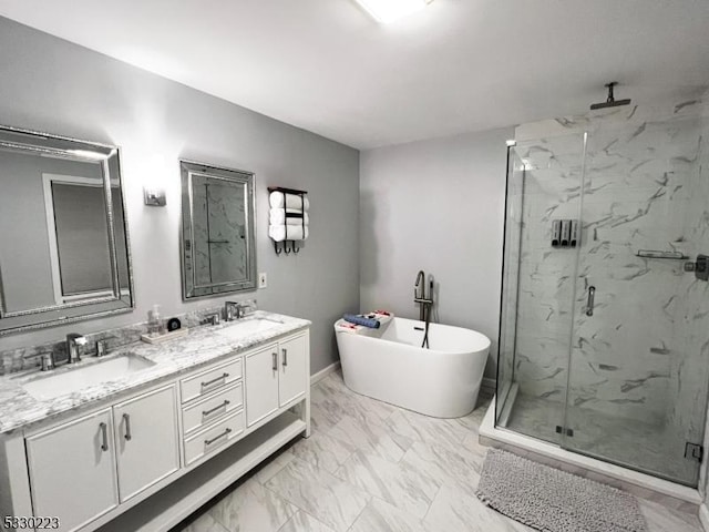 bathroom with plus walk in shower and vanity