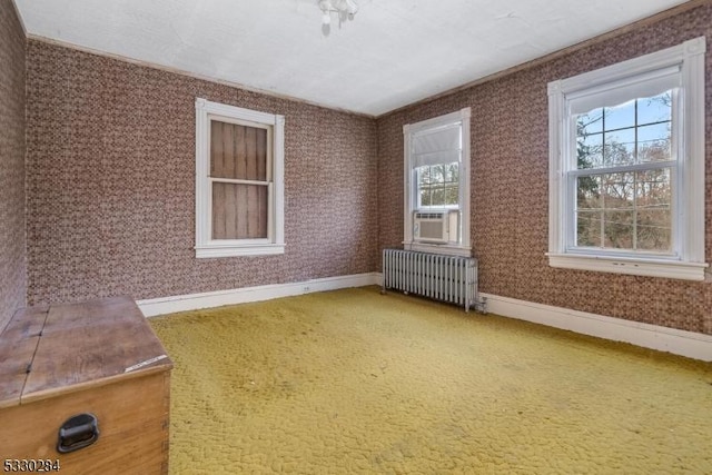 carpeted empty room with cooling unit and radiator