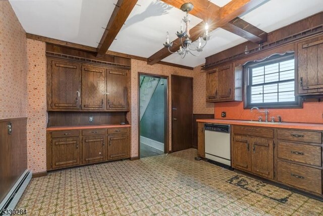 kitchen featuring beam ceiling, sink, a baseboard heating unit, white dishwasher, and a chandelier