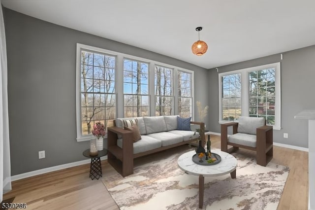 sitting room with baseboards and wood finished floors