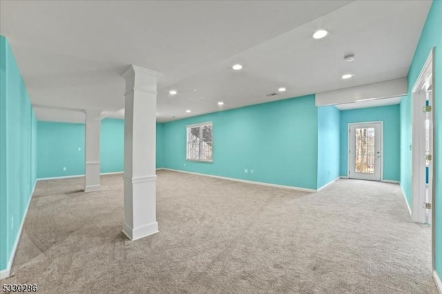 basement with carpet, baseboards, and recessed lighting