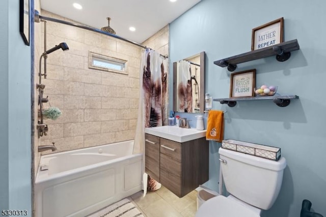 full bathroom with shower / bath combo, vanity, toilet, and tile patterned floors