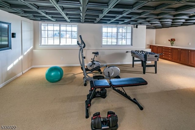 workout area featuring carpet flooring