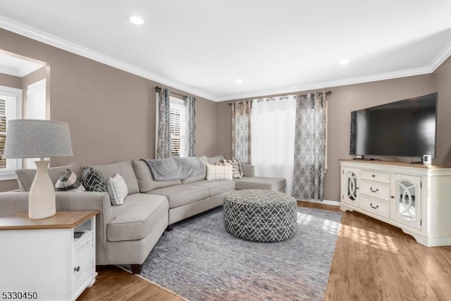 living room with hardwood / wood-style floors and ornamental molding