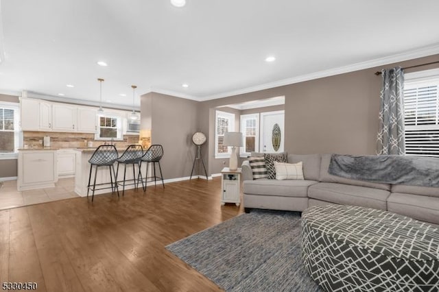 living room featuring crown molding and light hardwood / wood-style flooring