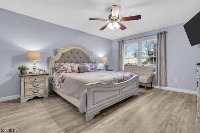 bedroom featuring ceiling fan and light hardwood / wood-style flooring