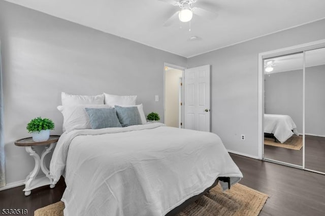 bedroom featuring dark hardwood / wood-style flooring, a closet, and ceiling fan