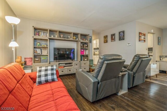 living room with dark hardwood / wood-style flooring