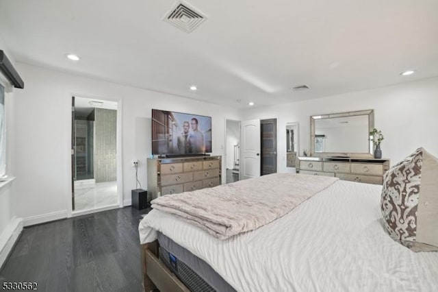 bedroom with visible vents, recessed lighting, baseboards, and dark wood-style flooring