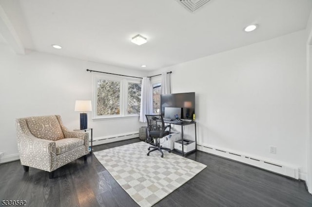 office featuring recessed lighting, a baseboard radiator, visible vents, and dark wood finished floors