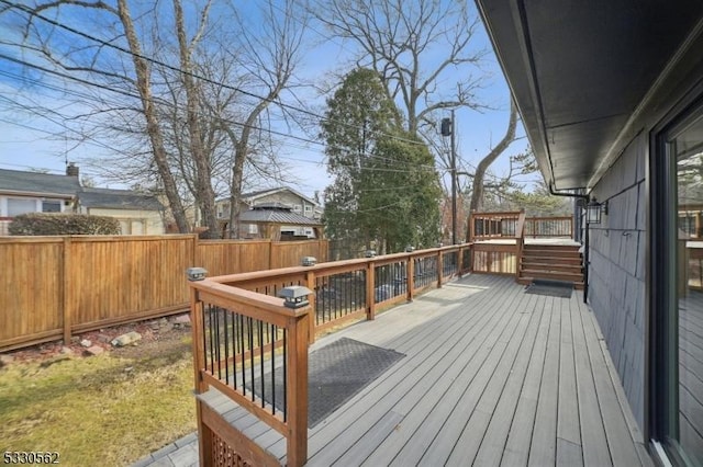 wooden terrace with a fenced backyard