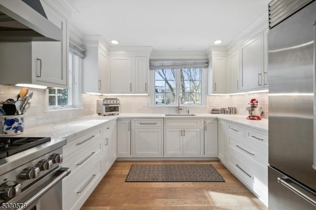 kitchen with white cabinetry, high end appliances, sink, and a wealth of natural light