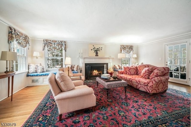 living room with crown molding and light wood-type flooring