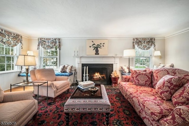 living room with ornamental molding and wood-type flooring