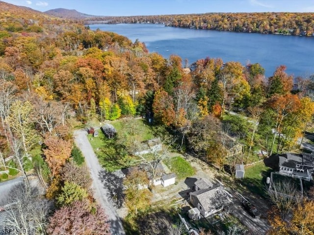 aerial view featuring a water and mountain view