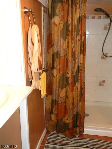 bathroom with a shower with curtain and vanity