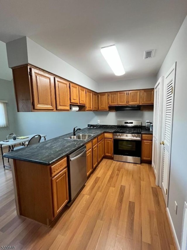 kitchen featuring kitchen peninsula, appliances with stainless steel finishes, light wood-type flooring, and sink