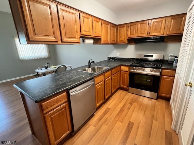 kitchen featuring light hardwood / wood-style floors, sink, exhaust hood, and appliances with stainless steel finishes