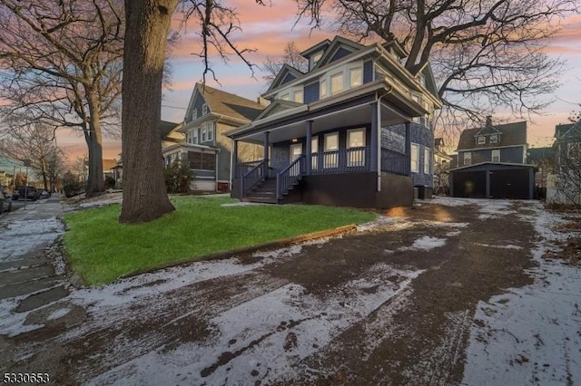 exterior space featuring a porch, a yard, and cooling unit