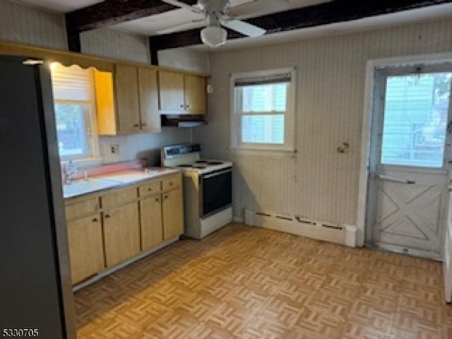 kitchen with refrigerator, white electric range oven, light parquet floors, ceiling fan, and a baseboard radiator