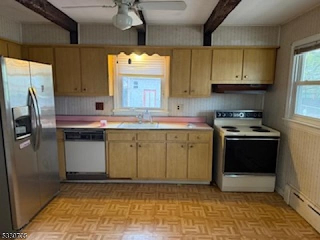 kitchen with white appliances, a baseboard heating unit, sink, ceiling fan, and beamed ceiling