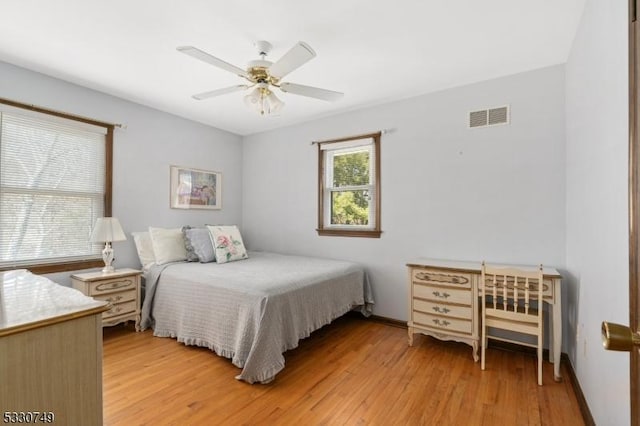 bedroom with ceiling fan and light wood-type flooring