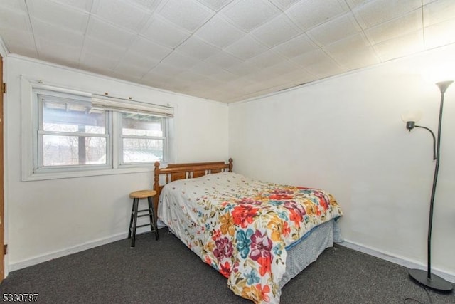 bedroom with dark colored carpet