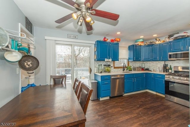 kitchen featuring dark hardwood / wood-style flooring, blue cabinets, sink, and appliances with stainless steel finishes