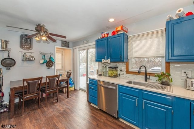 kitchen with backsplash, stainless steel dishwasher, ceiling fan, sink, and blue cabinetry