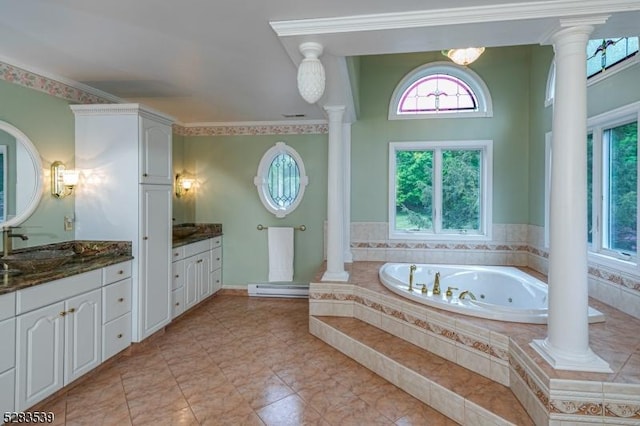 bathroom with ornamental molding, vanity, a baseboard heating unit, a relaxing tiled tub, and tile patterned flooring