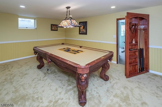 recreation room with carpet and billiards