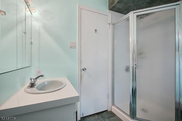 bathroom featuring vanity and a shower with door