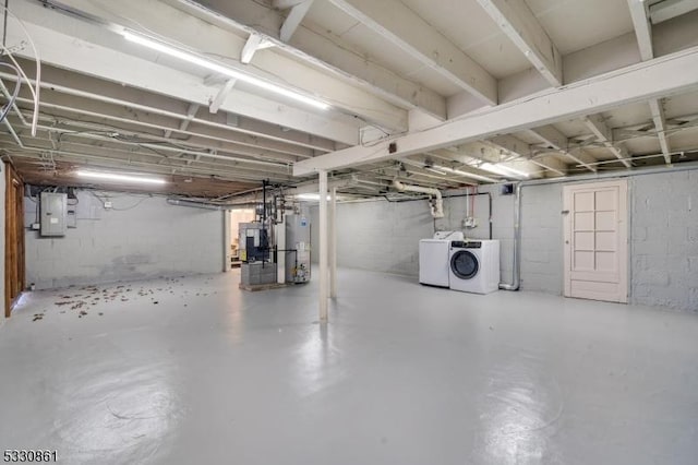 basement with independent washer and dryer, electric panel, and water heater