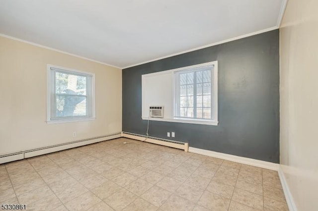 empty room with a baseboard radiator and ornamental molding