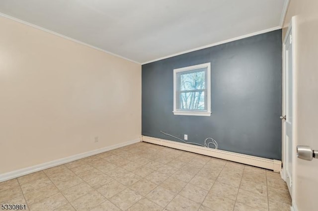 empty room with crown molding and a baseboard heating unit