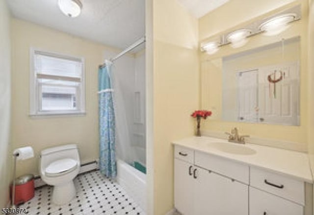 full bathroom with shower / bath combo, vanity, toilet, and baseboard heating