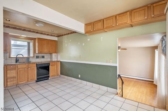 kitchen featuring tasteful backsplash, ceiling fan, sink, dishwasher, and light tile patterned flooring