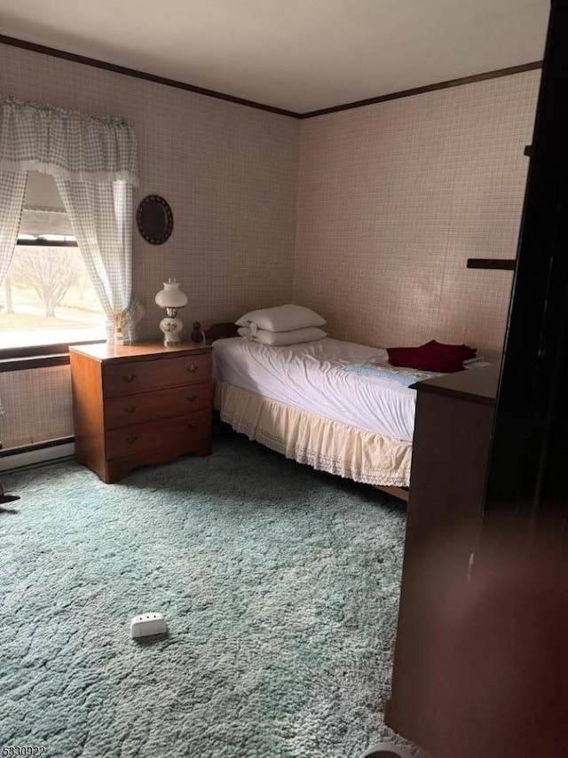 bedroom with carpet flooring, crown molding, and baseboard heating