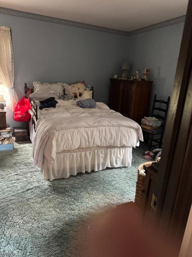 bedroom featuring carpet floors and ornamental molding