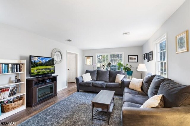 living room with dark wood-type flooring