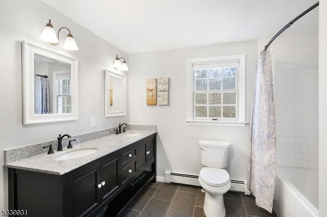 full bathroom with tile patterned floors, vanity, toilet, and baseboard heating