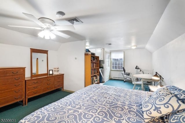 bedroom featuring dark colored carpet, ceiling fan, lofted ceiling, and a baseboard radiator