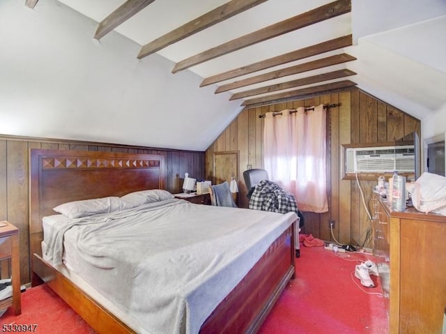 carpeted bedroom featuring vaulted ceiling with beams and wood walls