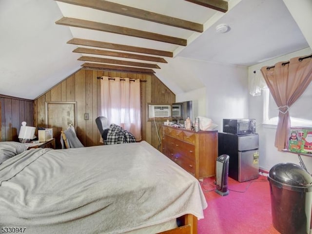 carpeted bedroom featuring vaulted ceiling with beams, stainless steel fridge, and wooden walls