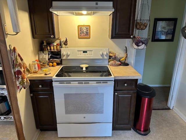 kitchen featuring electric range, dark brown cabinetry, and exhaust hood