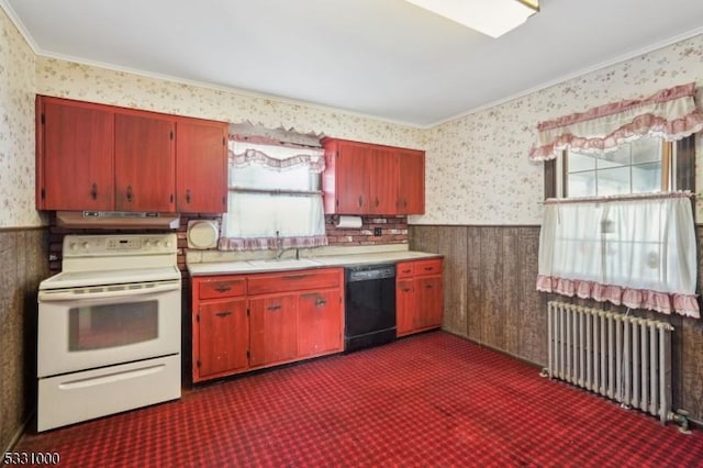 kitchen with dishwasher, radiator heating unit, electric range, dark carpet, and sink